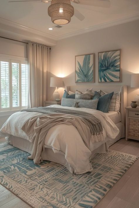 29 Coastal Boho Bedroom Ideas You Have To See Small Coastal Bedroom, Unique Lanterns, Hampton Bedroom Ideas, Hamptons Style Bedrooms, Coastal Boho Bedroom, Seaside Bedroom, Costal Bedroom, Surf Room Decor, Sophisticated Boho