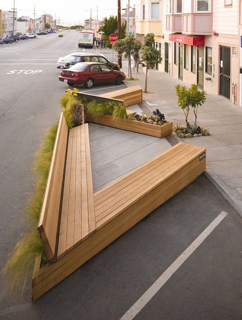 External - Noriega Street Parklet by Matarozzi Pelsinger Design + Build by PortlandDevelopments, via Flickr Pocket Park, Urban Landscape Design, Public Space Design, Public Seating, Landscape Architecture Design, Urban Park, Urban Furniture, Bench Designs, Design Exterior