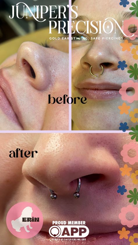 This client came in with a septum piercing from somewhere else that was done way too low. We. fixed it up and now it can be tucked inside their nose! Septum Piercing, Fix It, Then And Now, And Now, Piercings