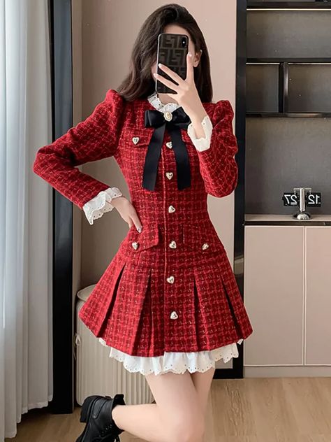 Button Up Mini Dress, Tweed Outfit, Tweed Mini Dress, Mini Dress Red, Y2k Dresses, Office Setting, Kawaii Fashion Outfits, Office Dress, Kawaii Dress