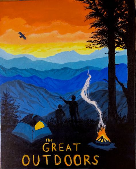 Acrylic mountain valley. Orange, yellow, blue silhouette travel poster canvas painting - - - #painting #acrylic #easypaintingideas #aesthetic #travel #travelaesthetic #camping #outdoor #art #easyartprojects #creative #project Camping Acrylic Painting Easy, Outdoor Paintings Canvas, Adventure Painting Ideas On Canvas, Camping Painting Ideas, Camping Painting Easy, Adventure Painting, Van Painting, Camping Painting, Colorado Painting