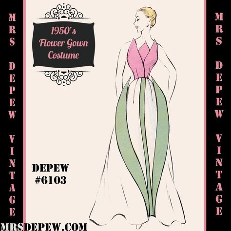 D-A-H Vintage Sewing Pattern 1950s Costume Flower Tulip Gown in Any Size - PLUS Size Included - 6103 1950’s Costume, Costume Fleur, 1950s Costume, French Costume, Flower Gown, Flower Tulip, Flower Costume, French Pattern, Pattern Template