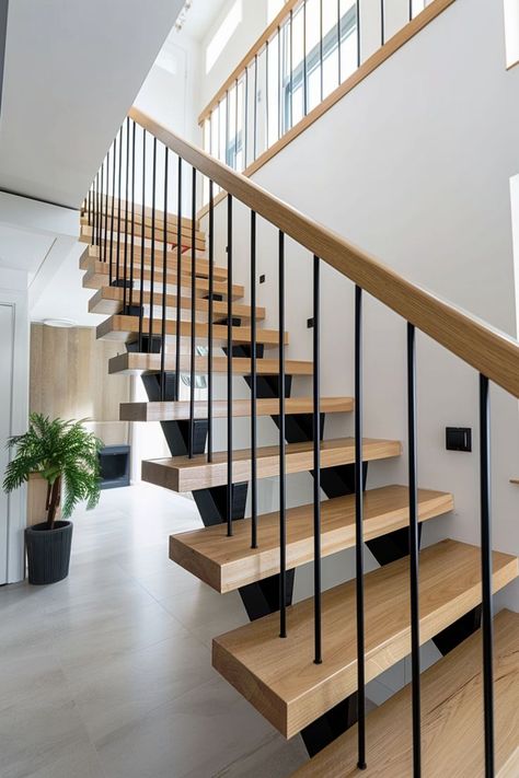 wooden floating staircase with metal railing Interior Staircase Design Modern, Open Metal Staircase, Organic Modern Stairs, Floating Stairs Modern Staircase Design, Modernize Staircase, Floating Staircase Railing, Floating Staircase Modern, Floating Stairs Wood, L Shape Stairs