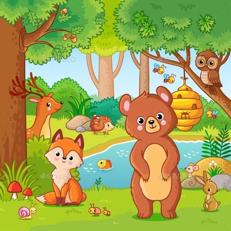 Fox and Bear in the Forest #Fox, #Bear, #Forest Pola Kotak, Forest Drawing, Picture Composition, 동화 삽화, Cartoon Bee, Animal Coloring Books, Cartoon Background, Book For Kids, Art Drawings For Kids