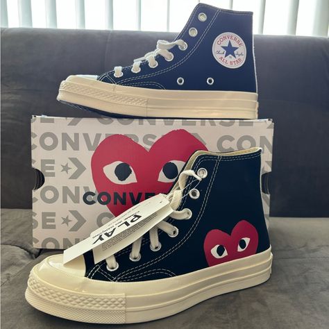 Classic Chuck 70 With A Playful Twist. Unisex High Top Shoe This Style Runs Large (Long) Wear Your Heart On Your Shoes With The Converse X Comme Des Garons Play Chuck 70 Sneaker. This Street-Ready Style Features The Premium Chuck Details You Know And Love, Paired With A Whimsical Heart-And-Eyes Graphic Peeking Just Above The Sole. Eye-Catching Is An Understatement. Why You Should Be Down Canvas Is Lightweight And Durable. Tonal Rubber Toe Cap And Contrasting Heelstay For Standout Style. Lace-Up Converse Heart Shoes, Converse Play Comme Des Garcons, Heart Converse, Chuck 70 Converse, Converse X Comme Des Garcons, Eyes Graphic, Converse Play, Play Converse, Pretty Sneakers