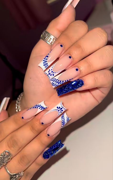 Clase Azul Acrylic Nails, Blue Tequila Nails, Graduation Nails Royal Blue, Blue And White Mexican Nails, Blue Talavera Nails, Casamigos Nails, El Salvador Nails Design, Blue Money Nails, Dominican Republic Nail Designs