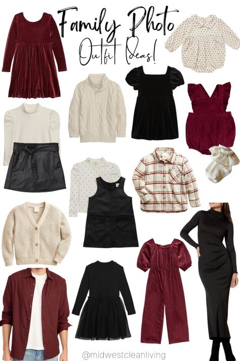 Christmas Outfit Ideas Family Pictures, Clothes For Christmas Photos, Family Of 5 Picture Ideas Christmas, Simple Family Christmas Pictures, Red And Black Christmas Family Pictures, Burgandy Family Picture Outfits, Velvet Dress Family Photos, Christmas Photos Outfits Family, Burgundy Christmas Outfit Family