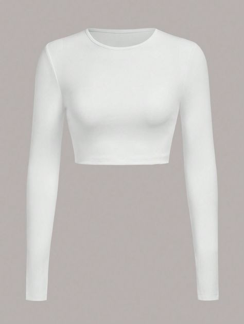 SHEIN BASICS Solid Fitted Crop TopI discovered amazing products on SHEIN.com, come check them out! White Tops Long Sleeve, Cute White Long Sleeve Tops, Shein White Top, Long Sleeve White Top Outfits, Crop Top Elegante, White Crop Long Sleeve, White Crop Top Long Sleeve, White Long Sleeve Outfit, White Basic Top