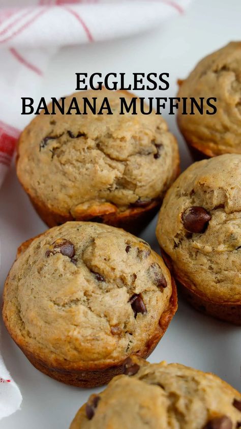 Eggless Banana Muffins / Eggless Banana Chocolate Chip Muffins Egg Free Banana Muffins, Eggless Banana Muffins, Egg Free Muffins, Eggless Breakfast, Banana Oatmeal Muffins, Eggless Desserts, Banana Muffin Recipe, Banana Bread Muffins, Eggless Recipes