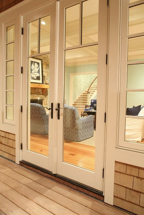 Sliding Doors With Windows On Each Side, French Doors To Porch, Back Deck Door Ideas, Door To Patio From Living Room, French Door To Patio, Deck Doors Ideas, Single Patio Doors Ideas, Deck Door Ideas, Farmhouse Patio Door