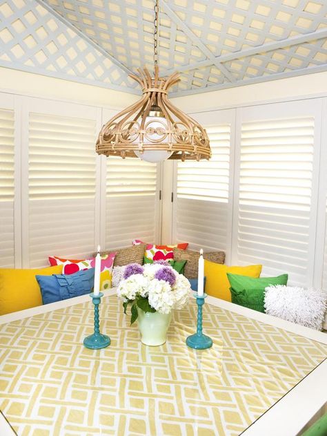 Mix of Primaries - Colors We Love: Lemon Zest on HGTV Ceiling Colors, Eclectic Inspiration, Designers Portfolio, Fun Pillows, Cherry Furniture, Dream Dining Room, Eclectic Dining Room, Eclectic Dining, Dining Room Cozy