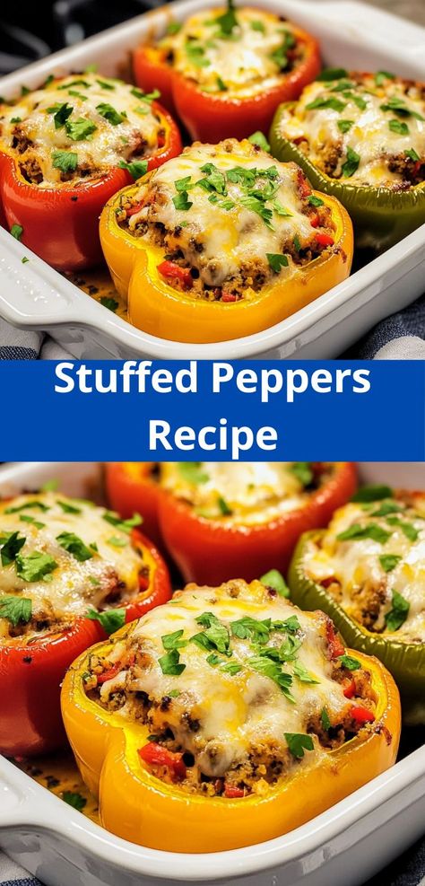 Need a quick, healthy meal? This Stuffed Peppers Recipe is a delicious, easy dinner idea perfect for beef dinner recipes or dinner for family and friends. Stuffed Bell Peppers Ground Beef And Rice Recipes, Simple Stuffed Bell Peppers, Stuffed Bell Peppers Ground Beef And Rice Skillet, Stuffed Red Peppers Ground Beef, Stuffed Bell Pepper Recipes Ground Beef, Easy Stuffed Peppers With Rice, Stuffed Peppers With Rice And Beef, Ground Beef Stuffed Peppers, Recipe For Stuffed Peppers