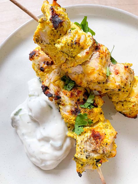 Easy Curry Chicken Skewers in Yogurt Marinade | House of G&K Recipes Chicken Kabobs Yogurt Marinade, Curry Yogurt Chicken Marinade, Curry Chicken Skewers, Yogurt Chicken Marinade Indian, Curry Chicken Marinade, Yoghurt Chicken Marinade Greek Yogurt, Chicken Skewers Marinade, Mediterranean Kabobs Chicken Skewers, Tandoori Marinade