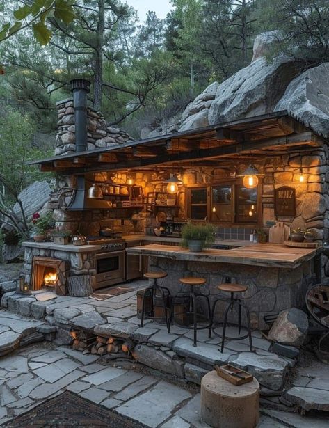 Brick Bbq, Outdoor Patio Designs, Backyard Pavilion, Backyard Kitchen, Rustic Home Design, Cabin Living, Outdoor Living Room, Tiny House Cabin, Cabins And Cottages