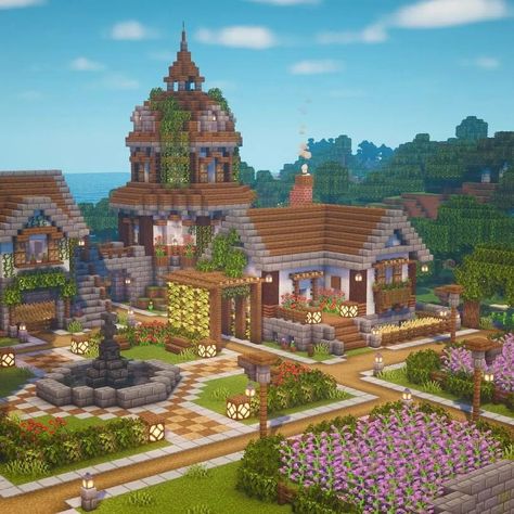 Cute Villages Minecraft, Min Craft Houses, Minecraft Cute Farmhouse, Minecraft Cottage Village Ideas, Aesthetic Village Minecraft, Revamped Minecraft Village, Minecraft Building Village, Minecraft Small Village Ideas, Small Town Minecraft