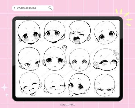 Chibi emote brushes and stamps for Procreate. Create cute chibiand expressions for your digital art. Perfect for stickers, emotes, and social media posts. #procreate #chibies . #Chibi_Head_Reference #Manga_Brush #Emote_Reference #Ych_Poses Chibi Head Angles, Chibi Head Reference, Emote Reference, Manga Brush, Ych Poses, Link Chibi, Chibi Comic, Chibi Face, Chibi Head