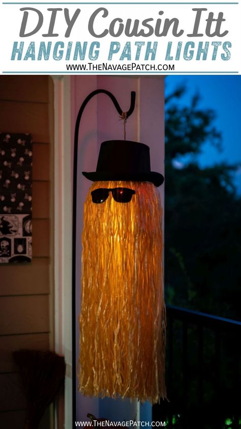 DIY Cousin Itt Pathway Light | DIY Addams Family Cousin It | Step-by-step tutorial for how to make a Cousin It | DIY Halloween decor with Dollar store supplies | Upcycled and Repurposed Halloween decor | Plastic pumpkin candy pail upcycle | Halloween Yard decoration ideas | Hula skirt upcycle | DIY Dollar Tree Halloween craft ideas | #TheNavagePatch | TheNavagePatch.com Halloween Outdoor Decorations Diy, Halloween Yard Decorations Diy, Cousin Itt, Cousin It, Diy Yard Decor, Dollar Store Halloween Decorations, Light Halloween, Halloween Decor Diy, Dollar Tree Halloween