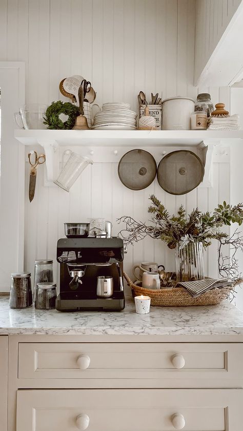 44 Beadboard Kitchen Backsplash Ideas for a Cozy Cooking Space Vintage Farmhouse Coffee Bar, Coffee Corner Small Kitchen, Espresso Station In Kitchen, Espresso Bar In Kitchen, Minimal Coffee Bar, Espresso Bar Ideas, Cottage Coffee Bar, Home Espresso Bar, Beadboard Kitchen Backsplash