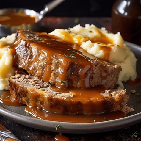 Meatloaf with Mashed Potatoes and Gravy Barbecue Meatloaf Recipes, Barbecue Meatloaf, Meatloaf With Gravy, Cracker Barrel Meatloaf, Bbq Meatloaf, Homemade Meatloaf, Honey Barbecue, Good Meatloaf Recipe, Best Meatloaf