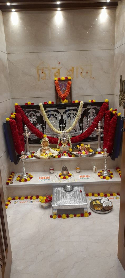 Pooja room decoration Pooja Room Decoration For Festival, Perumal Pooja Decoration, Indian Home Temple Puja Room, Home God Room Design, Ayudha Pooja Decoration, Pooja Silver Items Home, Pooja Room Photos Arrangement, Vastu Pooja Decoration, Best Pooja Room Designs