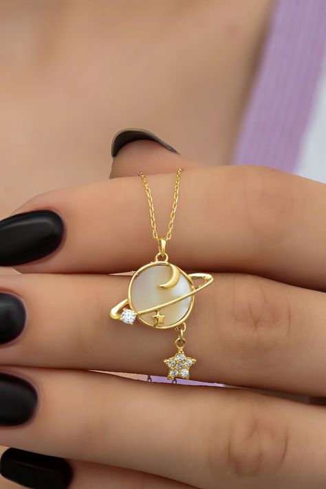 Moon Star Pendant, Moon Accessories, Gold Galaxy, Saturn Planet, Gold Chic, Galaxy Planets, Planet Necklace, Real Gold Jewelry, Jewelry Workshop