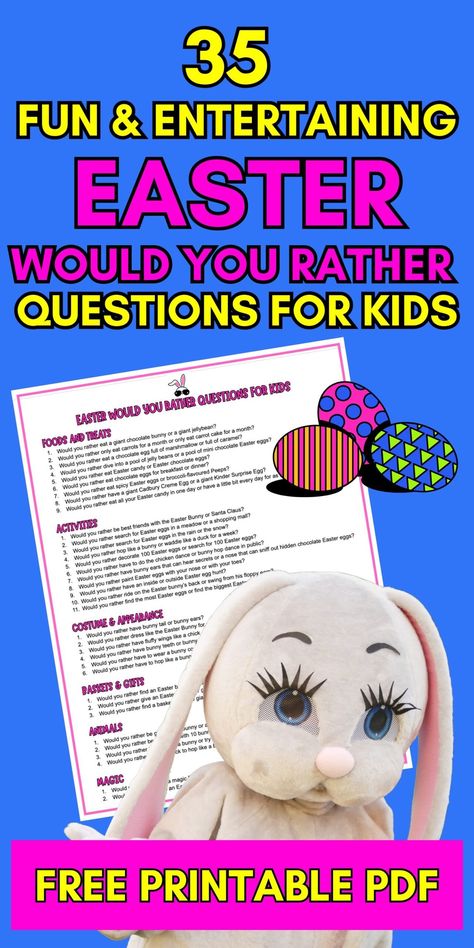 Here is a list of 35 of the most fun entertaining Would You Rather questions for kids, I've included a free printable PDF version of this fun Easter game for kids that you can download. These this or that style questions are perfect ice-breakers to get the party started or for use celebrating and discussing Easter in the school classroom. Spark discussion or just ask the questions for laughs. Kids Birthday Party Crafts, Fun Easter Games, Easter Games For Kids, Kids Party Planning, Questions For Kids, Shy Kids, Rather Questions, Party Bags Kids, Would You Rather Questions