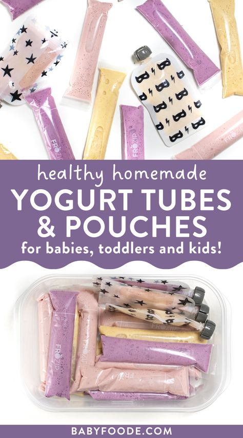 Squeeze Pouch Recipes, Yogurt Tubes, Kids Yogurt, Diy Yogurt, Yogurt Melts, Fruit Pouches, Homemade Smoothies, Baby Food Pouch Recipes, Diy Snacks