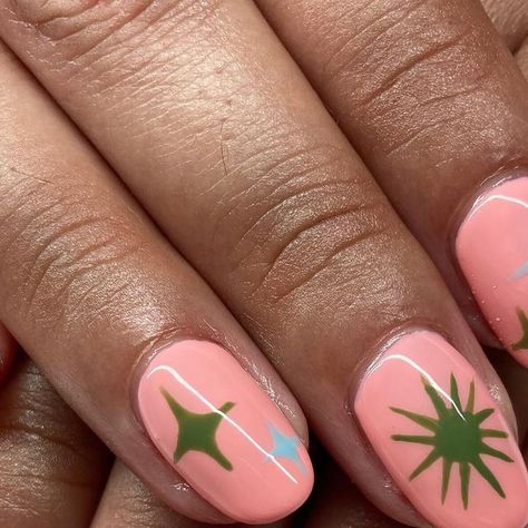 Taylor Watson on Instagram: "Atomic mid century vibes for @alsojessicaalba ✨ #nails #nailart #notd #bayareanails #nailsofig #nailitdaily #nailsofinstagram #handpainted #naturalnails #midcenturymodern" Atomic Nail Art, Mid Century Nail Art, Atomic Nails, Mid Century Nails, Hand Pain, Atom, Natural Nails, Nail Inspo, Mid Century