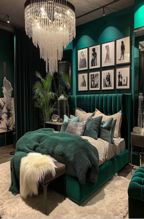 Emerald Green Office, Emerald Green Bedrooms, Green Bedroom Decor, Teal Bedroom, Glam Bedroom, Bedroom Redo, Bedroom Bliss, Future Apartment Decor, Gold Bedroom