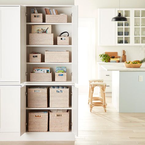 Whitewashed Rattan Storage Bins with Handles | The Container Store Shelves With Baskets For Storage, Toy Storage Cubes, White Storage Baskets, Custom Closet Storage, Fabric Storage Cubes, Rattan Storage, Storage Cube, Decorative Storage Boxes, Integrated Handles