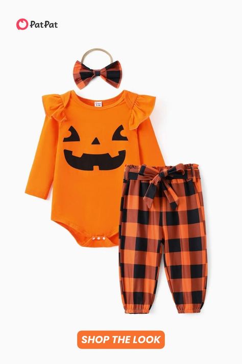 Get your baby ready for Halloween fun with this super cute Halloween outfit set for baby! With a fun jack-o-lantern print, it's a super cute look for baby pictures, trick-or-treating, or relaxing at home! Shop our Halloween Collection for more baby outfits and styles for everyone in the family at patpat.com! Cute Halloween Outfits, Newborn Halloween, Romper Long Pants, Girls Halloween Outfits, Pumpkin Outfit, Headband Outfit, Grid Print