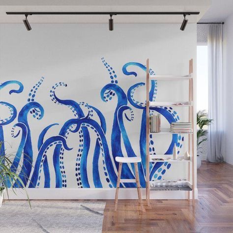 Fish Restaurant Design, Coastal Mural, Octopus Mural, Ocean Mural, Ocean Themed Bedroom, Bathroom Mural, Beach Wall Murals, Octopus Wall Art, Blue Octopus