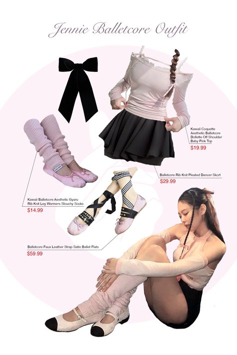 blackpink jennie outfit balletcore outfit blackpink stage outfit Jennie Ribbon Outfit, Jennie Balletcore, Acubi Meets Balletcore, Ballet Core Outfits Casual, Ballerina Style Outfit, Acubi Balletcore, Jennie Blackpink Outfit, Ballet Outfit Aesthetic, Balletcore Outfits