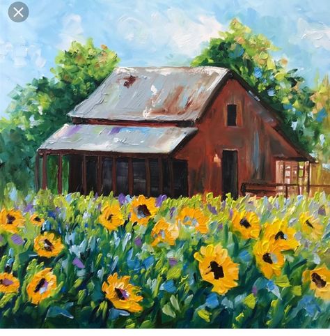 Abstract Farm Painting, Farm Painting Ideas, Homestead Painting, Farm Scene Painting, Red Barn Painting, Painting For Beginners Videos, Farm Painting, Sunflower House, Farm Paintings