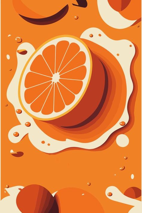 Orange juice with slices of orange on a orange background. Vector illustration Oranges Graphic Design, Orange Illustration Art, Fruit Vector Art, Fruits Illustration Design, Orange Slice Illustration, Vector Illustration Styles, Orange Illustration Graphics, Illustrative Advertising, Illustration Trends 2024