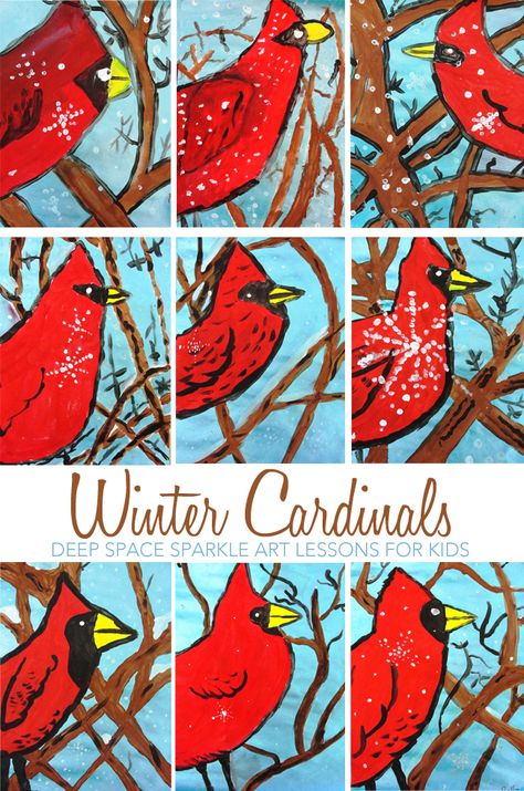 How to draw and paint a winter cardinal. Great winter art and craft project for kids ages 8-10 Winter Cardinals, January Art, Winter Art Lesson, Deep Space Sparkle, Winter Cardinal, Christmas Art Projects, Winter Art Projects, 4th Grade Art, 3rd Grade Art