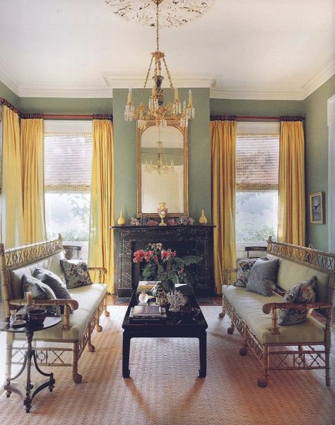 A traditional New Orleans interior by Thomas Jayne-one of my favorite homes (owned by someone I am a huge fan of!) Maximalist Rooms, Yellow Drapes, Wicker Headboard, Yellow Curtains, New Orleans Homes, Wicker Decor, American Decor, Greek Revival, Southern Hospitality