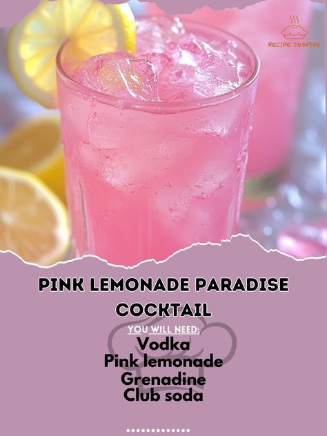 🍋🌸 Escape to paradise with every sip of the Pink Lemonade Paradise Cocktail—sweet, tangy, and oh-so-refreshing! 🍹🌺 #SummerVibes #SipAndSavor Pink Lemonade Paradise Cocktail Ingredients: Vodka (1.5 oz) Pink lemonade (3 oz) Grenadine (0.5 oz) Club soda (2 oz) Ice (as needed) Lemon slices (for garnish) Instructions: Fill a glass with ice and pour in vodka and pink lemonade. Add grenadine and top with club soda. Stir gently and garnish with lemon slices. 🍹✨ Dive into the sweet tanginess of th... Pink Lemonade Cocktail Recipe, Pink Cocktails Vodka, Pink Lemonade Vodka Drinks, 3 Ingredient Cocktails, Pink Alcoholic Drinks, Cute Cocktails, Paradise Cocktail, Pink Lemonade Vodka, Lemonade Cocktail Recipe