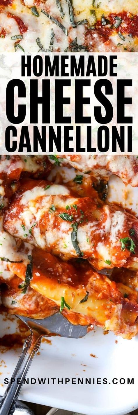 Homemade cheese cannelloni is always a family favorite! Cannelloni noodles are stuffed with a ricotta & spinach mixture and baked with mozzarella. This pasta recipe is an easy, filling, and delicious recipe! #spendwithpennies #cheesecannelloni #cannelloni #pastarecipe #stuffedpasta #maincourse Cheese Cannelloni, Recipes With Lasagna Noodles, Italian Pasta Bake, Spinach Cannelloni, Cannelloni Recipe, Cannelloni Pasta, Ricotta Spinach, Cannelloni Recipes, Pasta Varieties