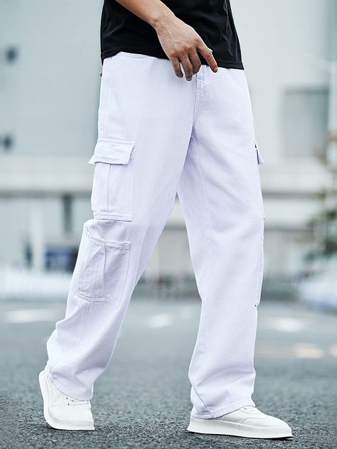 Blanco  Collar  Mezclilla Liso suelto Embellished No-Elástico  Mezclilla para hombre Outfit Cowok Casual, Dickies Outfits Men, White Cargo Pants Outfit, Mens Linen Outfits, Cargo Pants Outfit Men, Best White Jeans, Pants Embellished, White Cargo Pants, Hype Men