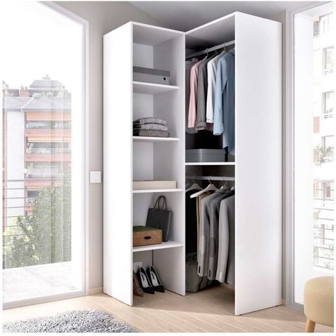 DRESSING D' ANGLE ZEBRA - Blanc Dressing Angle, Solid Wood Wardrobes, Armoire D'angle, Armoire Dressing, Bow Window, Build A Closet, Furniture For Small Spaces, Guest Room, Wood Crafts