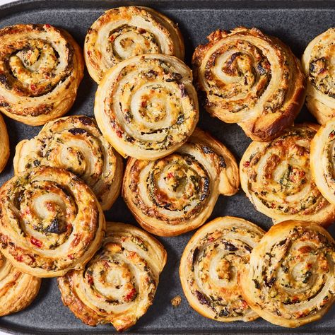 Delish Mediterranean Pinwheels, Italian Apps, Frozen Mushrooms, Puff Pastry Pinwheels, Greek Spinach Pie, Christmas Boards, Puff Pastry Appetizers, Pastry Appetizer, Puff Pastries