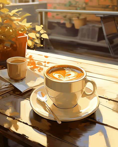 Fancy coffee on a wooden table with plants and chairs in the background of an outdoor cafe Cafe Digital Art, Coffee Table Illustration, Wooden Table Drawing, Cafe Art Illustration, Café Drawing, Coffee Aesthetic Drawing, Cafe Concept Art, Cafe Animation, Coffee Shop Watercolor