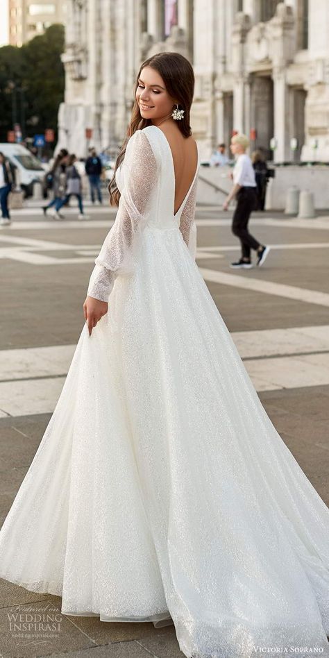 victoria soprano fall 2020 bridal illusion long poet sleeves v neckline fully embellished glitzy a line ball gown wedding dress chapel train (10) bv -- Victoria Soprano 2020 “Star of Milan” Wedding Dresses | Wedding Inspirasi  #wedding #weddings #bridal #weddingdress #weddingdresses #bride #fashion #collection:StarofMilan #label:VictoriaSoprano #week:512019 #year:2020 ~ Medium Sleeve Wedding Dress, All Over Lace Wedding Dress With Sleeves, Wedding Dress With Full Sleeves, Wedding Dresses With Sleeves No Lace, Vneck Aline Wedding Dress Long Sleeve, Full Sleeve A Line Wedding Dress, Sleeved Satin Wedding Dress, Sparkle Winter Wedding Dress, Long Ball Gown Wedding Dress