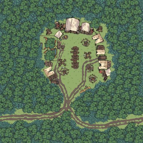 D&D Encounters: Your Forest Battle Map Tips Camp Battle Map Dnd, Dnd Bandit Camp Map, Minecraft Bandit Camp, Bandit Camp Battlemap, Dnd Camp Map, Forest Battle Map, Bandit Camp, Forest Map, Fantasy City Map