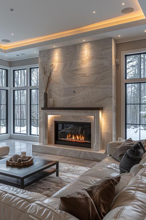 35 Fireplace Accent Wall Ideas for a Cozy Home Touch Transitional Fireplace Wall With Tv, Fireplace Wall With Windows, Fireplace Accent Wall Ideas, Fireplace Between Windows, Fireplace Wallpaper, Tiled Fireplace Wall, Fireplace Accent Wall, Fireplace Modern Design, Fireplace Accent Walls