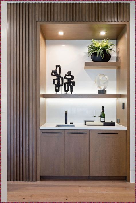 Built In Bar Nook Modern, Built In Nook Living Room, Hotel Pantry Design, Hotel Room Bar Cabinet, Wet Bar Bedroom, Wet Bar In Bedroom, Dining Room Design With Bar, Wet Bar With Shelves, Kitchenette In Living Room