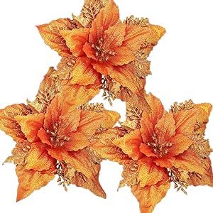 Burnt Orange Christmas Decor, Orange Christmas Tree Decorations, Orange Christmas Decor, Orange Christmas Tree, Christmas Wedding Flowers, Flower Fall, Flower Branches, Party Home Decoration, Poinsettia Flowers