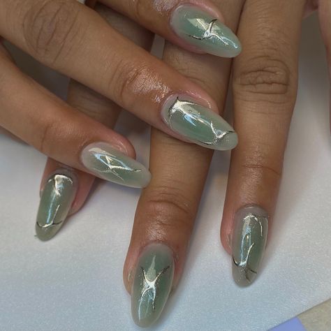 Sage Green Nails Acrylic Almond Design, Green White Silver Nails, Blush Nails Green, Nail Inspo For Green Dress, Nail Inspo Green And White, Sage Green Jelly Nails, Green Blush Nails, Sage And Silver Nails, Sage Green And Silver Nails