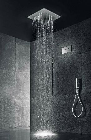 Shower Head In Ceiling, Ceiling Mounted Shower Head, Modern Shower Room, Ceiling Shower Head, Walk In Shower Designs, Bathroom Shower Design, Waterfall Shower, Luxury Shower, Rainfall Shower Head